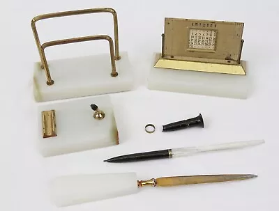 Vintage 1940's Onyx 4-Piece Desk Set Pen Holder Letter Opener 50-Year Calendar • $51.99