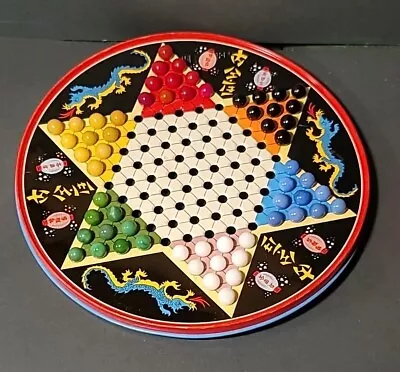 Vintage 1960's OHIO ART Tin Litho CHINESE CHECKERS 6 COLORS 60 MARBLES Dragons • $24.99