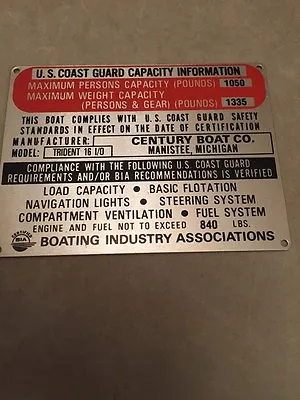 $10.95 • Buy NOS Century Boat Trident 16 I/O Capacity Plate, 1970's, Classic Boats, Vintage