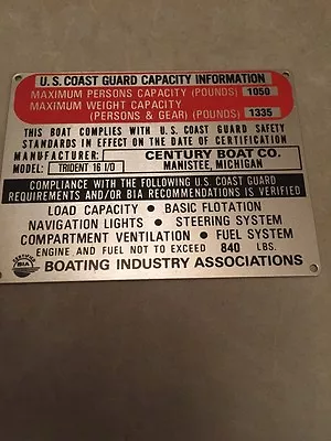 NOS Century Boat Trident 16 I/O Capacity Plate 1970's Classic Boats Vintage • $10.95