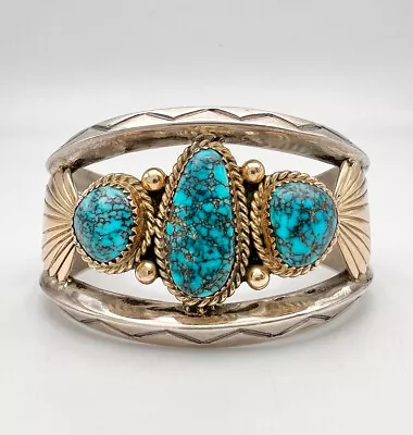 Vintage Navajo Sterling Silver & 14k Gold Lone Mountain Turquoise Cuff Bracelet • $9.50