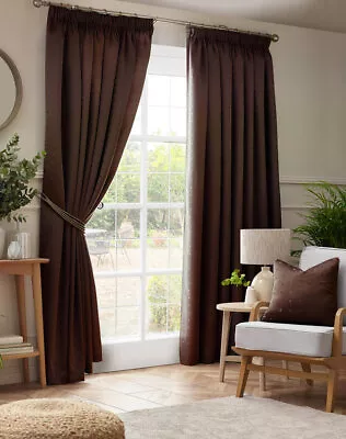 Chocolate Madison Dobby Fabric Squares Lined Tape Top Pencil Pleat Curtains Pair • £29.99