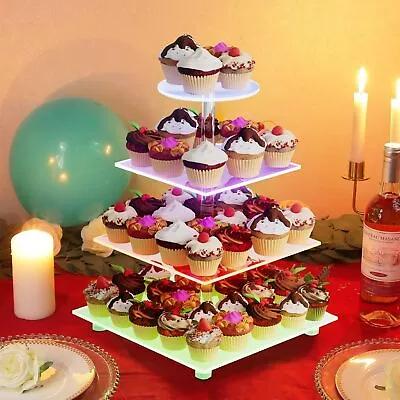 LED Rechargeable Acrylic Cake Stand 3/4 Tier Cupcake/Hi Tea Party Display Holder • £16.04