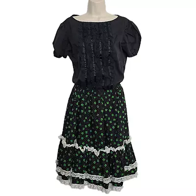 Vintage Square Dance Outfit Ruffle Shamrock St Patricks Day Small Black Green  • $49.98