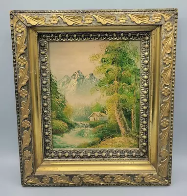 Vintage Oil Painting On Canvas Mountain Forest River Cabin In Woods Landscape • $80