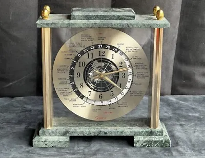 Vintage WN Mantel World Quartz Clock In Green Marble Gold Brass Glass 9”x3”x9” • $203.83