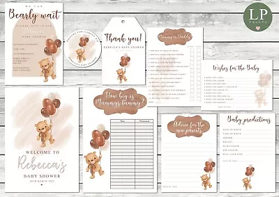 Baby Shower Personalised Tags & Games Unisex Neutral Brown Bear Bearly Wait • £6.99