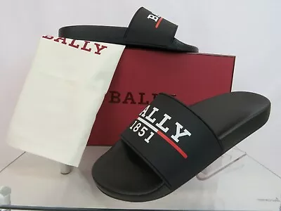 Nib Bally Samuel Black Rubber White Lettering Logo Sandals Slides 10 D Italy • $157.50