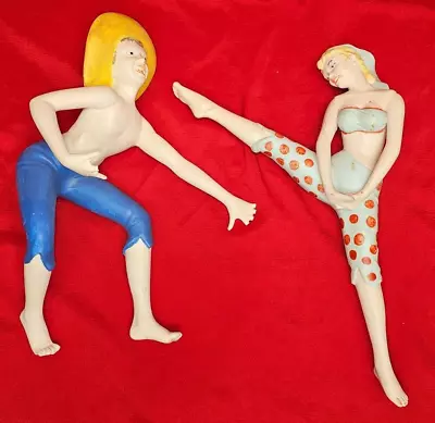 1958 Mcm Larry Nunn Studio Pottery Boy/girl 12  Wall Figures Pair Dancing Hp • $34