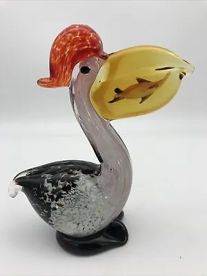 VTG Murano Style Art Glass Pelican Figurine W/Small Fish In Pouch 7” • $19.55