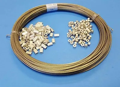 304 Stainless Steel Wire Rope Cable 1/16  7x7 With Sleeves & Stops~100 Ft Coil • $23.25