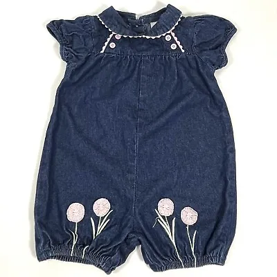 Bubble Romper Dark Denim Appliqué Flowers Rickrack Sz 3T Basic Editions Vintage  • $9.84