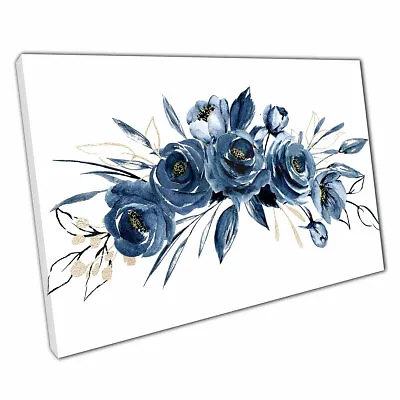 Navy Blue Floral Rose Bouquet Wreath Watercolour Painting Wall Art Print Canvas • £9.70