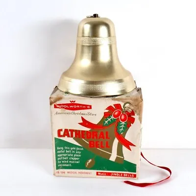 Vintage Woolworth’s Gold Christmas Cathedral Bell With Box Silent Night Works • $60