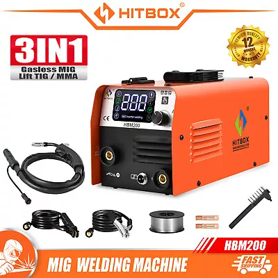 HITBOX 200Amp MIG Welder 220V 3 In 1 Gasless Flux Core ARC TIG Welding Machine • £109.99