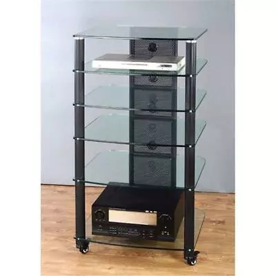 VTI Manufacturing NGR406BW Black Poles 6 Clear Glass Shelves AV Stand • $625.61