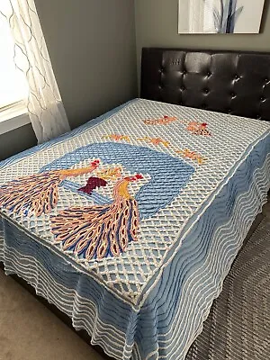 *Royal Peacocks* Vintage Chenille Bedspread 88 X94 ~VGC • $189.99