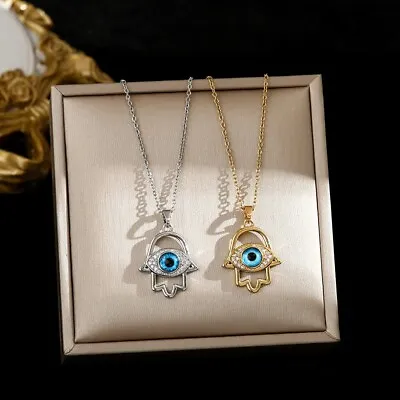 Evil Eye Hamsa Hand Design With Tiny Created Diamond Pendant / Necklace - #1 • £15.59