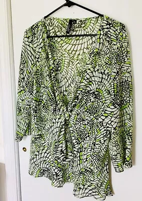 Essentials By Milano Womens Size XL Black Green White Tie V Neck Chiffon Feel • $14.50