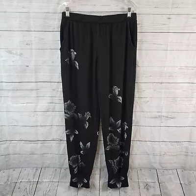 T-Party Womens Pull On Pants Sz Large Black Gray Floral Rose Print  • $23.99
