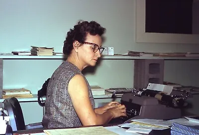 Old Woman Typing Typewriter Office Table Vintage 35MM Slide Photo Glasses Papers • $6.88