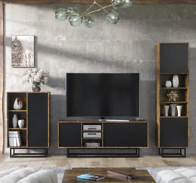 Living Room Set Loft Retro Industrial TV Unit Stand Vintage Oak Cabinet Cupboard • £159.90