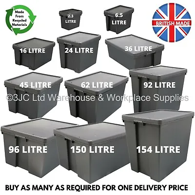 24L-92L Heavy Duty Black Storage Box Lid Recycled Plastic Stackable  Container