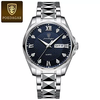 Luxury Mens Watch Stainless Steel Calendar Quartz Wristwatch Waterproof Luminous • £13.99