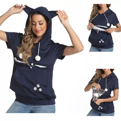 Women Sweatshirt Pullover Girl Cute Casual Hoodie W/ Cat Ear Pouch Pet Carrier • £14.99