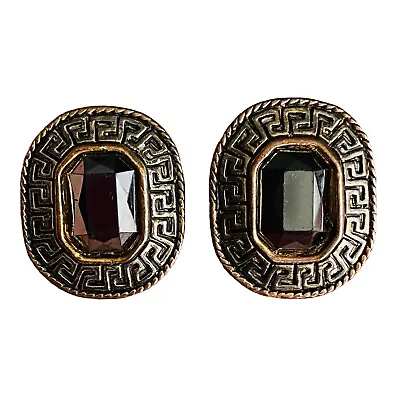 Vintage Greek Key Clip On Earrings Silver-tone Gold-tone Brown 128 • $8.99