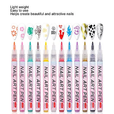 12 Colors Nail Art Pens Set Quick Dry Long Lasting 3D Nail Polish Pens • $12.83