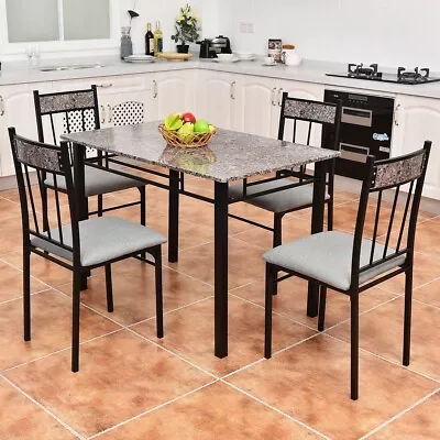 Black Metal 5 Piece Dining Set 4 Chairs Faux Marble Top Table Kitchen Dinette • $223.90