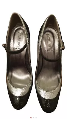 J CREW Womens Pumps Heels Size 7.5  Silver Brown Captoe Italy Patent Leather • $45