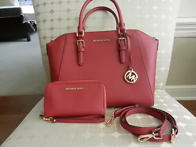 Michael Kors Scarlet Red Ciara Large Saffiano Leather Satchel+wristlet Rare • $299.50