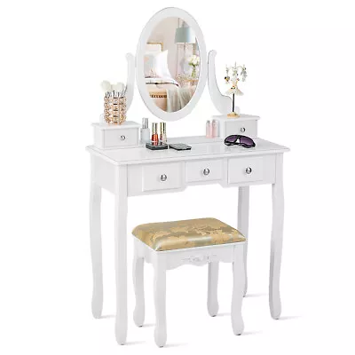 Vanity Table &Stool Set Modern Home Dressing Make Up Table Set W/5 Drawer White • $139.99