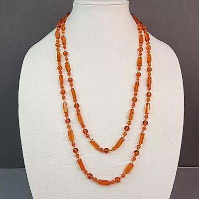 Beaded Necklace Vtg Glass Bar Round Orange Beads Long 57  Knotted • $29.99