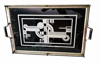 Vtg 1930s Art Deco Jazz Reverse Painted Bar Cocktail Serving Tray Black Chrome • $299.96