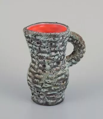 Vallauris France. Small Ceramic Pitcher.  Raku Fired Glaze With Orange Interior • $200