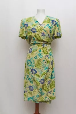 Vintage Maggy London Womens Dress Green Floral Silk Size 14 Modern L+ 80s • $45