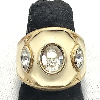 Vintage Signed 18K HGE Gold Cream Enamel & 3  Clear  Rhinestones  Ring  Sz 6 • £48.21