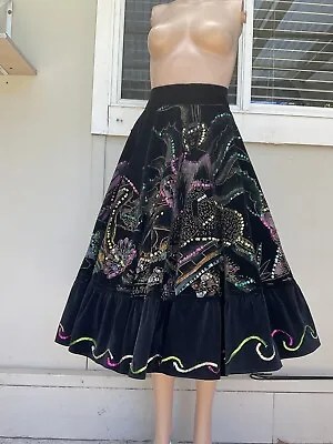 Vtg 50s Black Velvet Hand Painted And Sequin Embellished Mexican Style Skirt 12 • $445