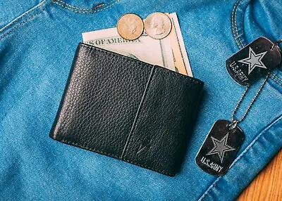 RFID Safe Leather Bi-fold Wallet For Men Flap Tape Closer Key Card Holder J225 • $21.99