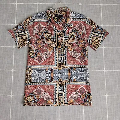 Pacsun Shirt Mens M Red Orange Button Up Tiger All Over Print Asian Hawaiian • $14.95