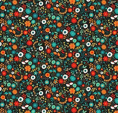 $6.63 • Buy Floral On Black - Folk Friends - 100% Cotton Quilting Fabric Apparel