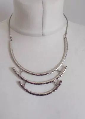 Costume Jewellery Statement Necklace Silver Tone Hammered Effect Collar • £7.85