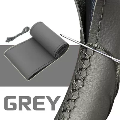 38cm Grey Car Hand Sew Steering Wheel Cover GENUINE UFL Leather Non Slip Mat AU • $9.49
