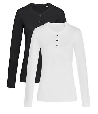 Ladies Womans BLACK WHITE Long Sleeve Grandad Henley Buttoned T-Shirt Tshirt • £16.50