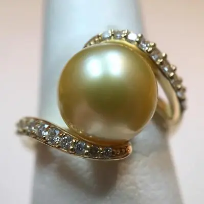 NaHoku 9.5mm Golden South Seas Pearl & Diamond Ring 14K Yellow Gold Size 6.5 • $2499.99