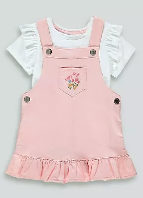 Ex Matalan Baby Girls Pink Floral Heart Pinafore Dress & Top Outfit  9 12 18 24  • £11.99