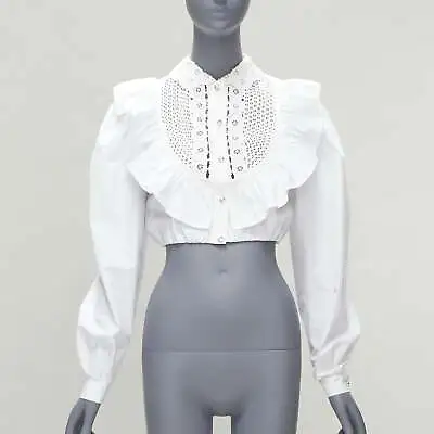 MIU MIU 2018 White Ruffle Crystal Button Cropped Victorian Shirt IT38 XS • $348